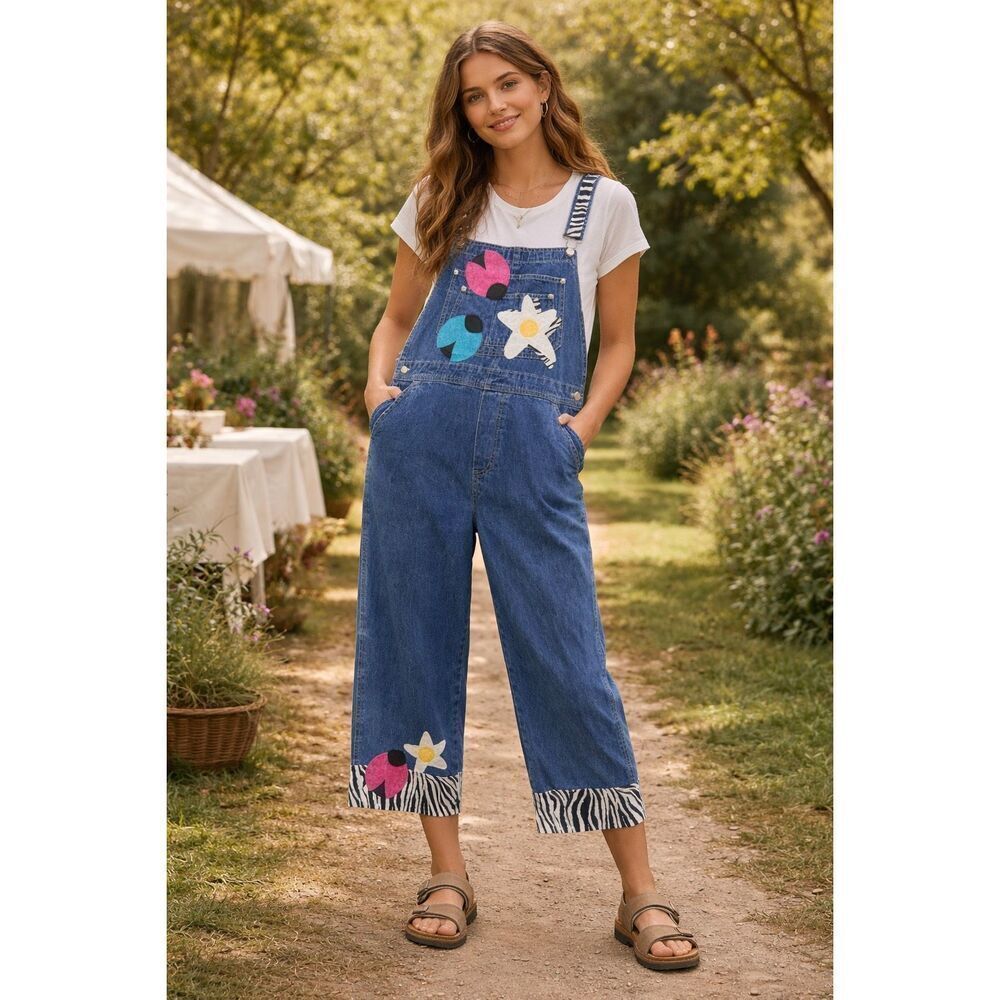 Vintage 90s Baccini Womens Eclectic Animal Print Embroidered Denim Overall Size